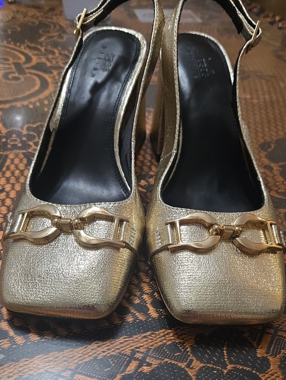 Gold Metallic Slingback Heels with Horsebit Accent